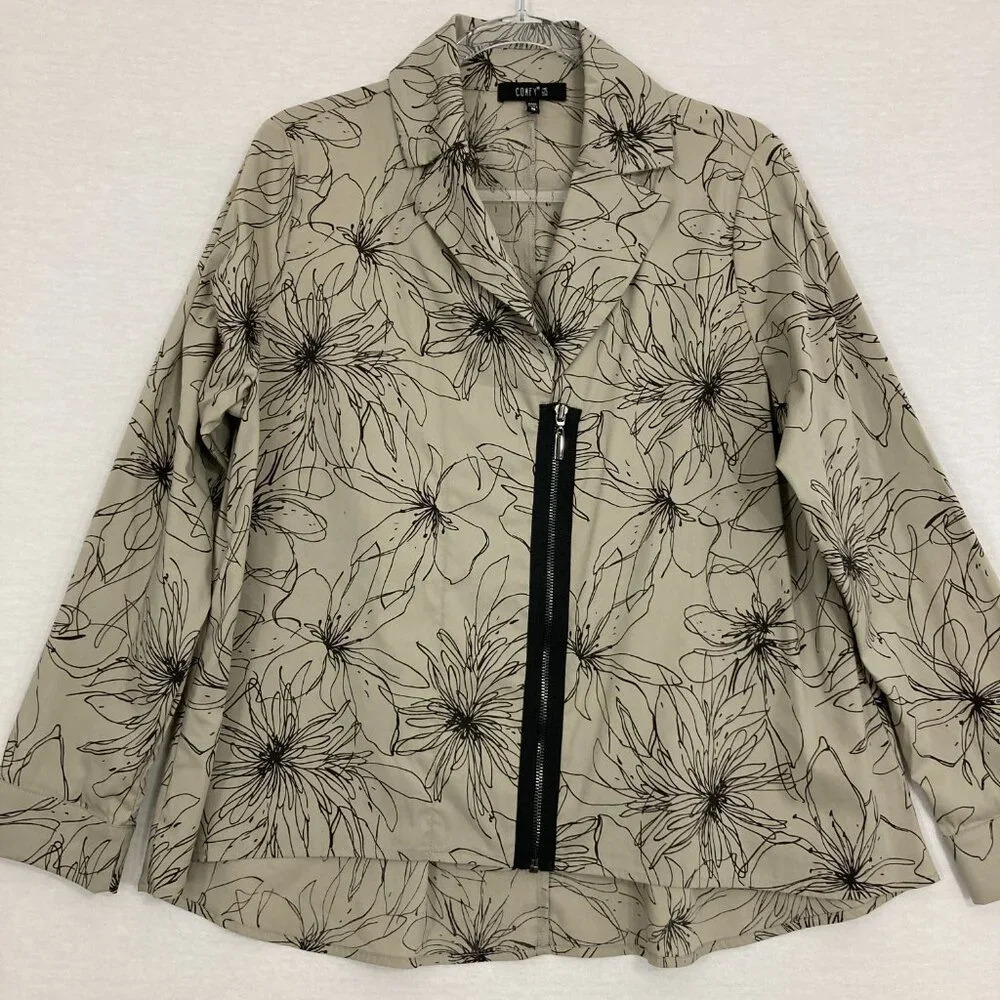 Comfy USA Black Tan Floral Zipper Zip Up Relaxed Fit Contemporary Top Medium